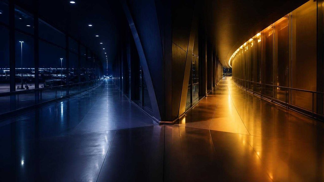 Corredor de aeroporto à noite que se divide em dois caminhos, um iluminado em âmbar e outro em penumbra azul