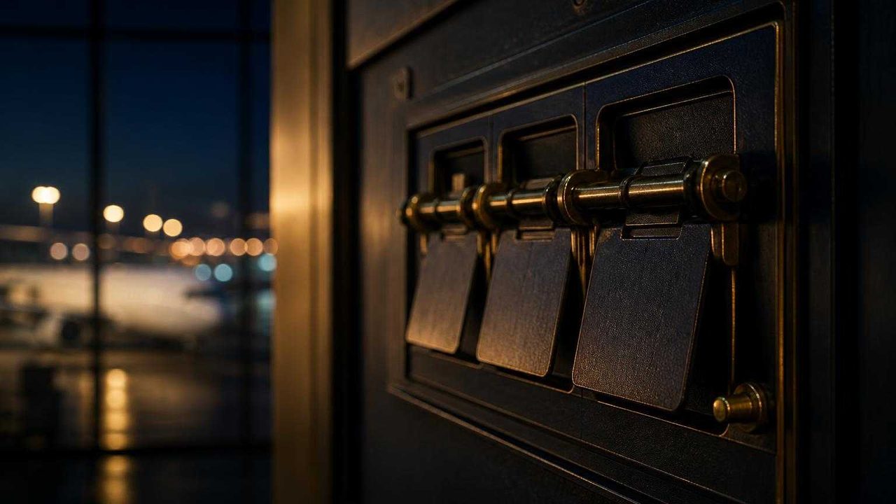 Mecanismo de painel de aeroporto em latão e azul-marinho, com pás prestes a virar, e a pista iluminada desfocada ao fundo