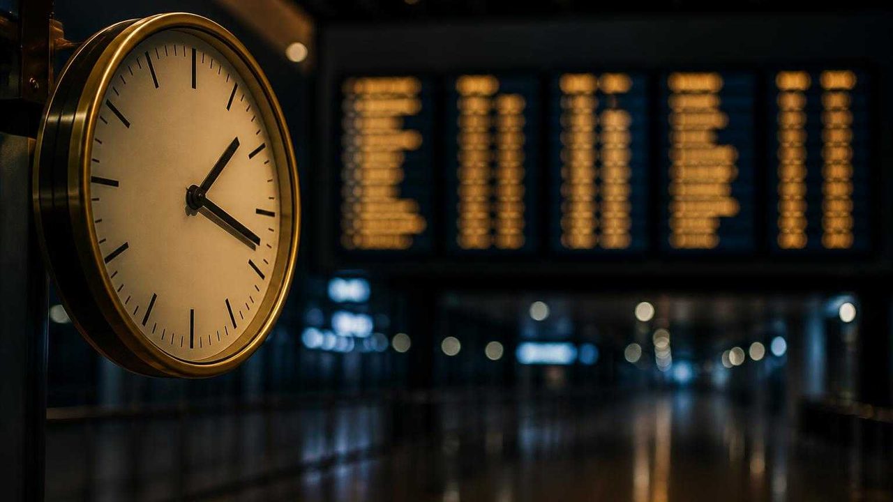 Relogio analogico de aeroporto em primeiro plano com o painel de partidas desfocado ao fundo