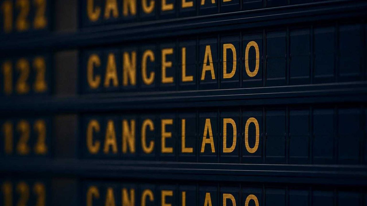 Painel de partidas de aeroporto com varias linhas marcadas como CANCELADO em caracteres ambar sobre fundo azul-marinho