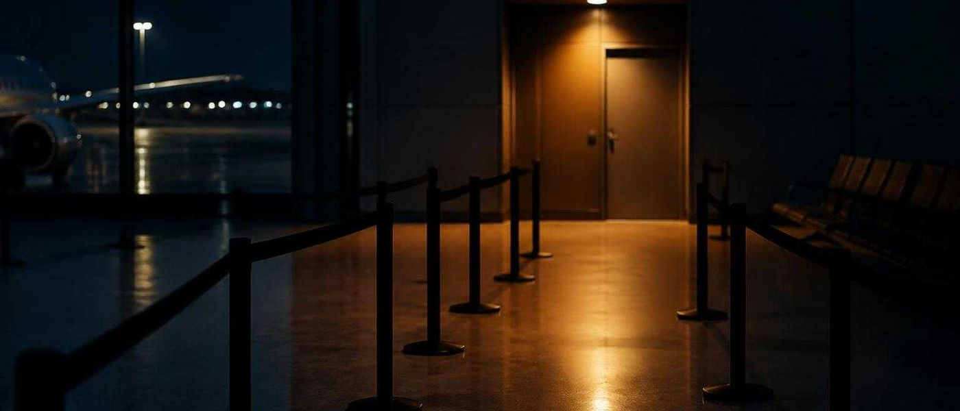 Fila de embarque vazia definida por cordoes pretos, levando a uma porta fechada iluminada em ambar