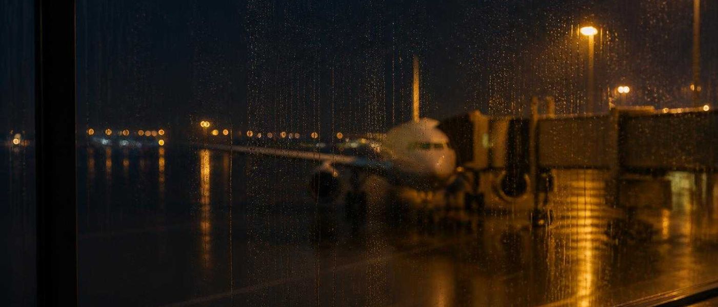 Vidro do terminal riscado pela chuva a noite, com um aviao parado no finger ao fundo, desfocado