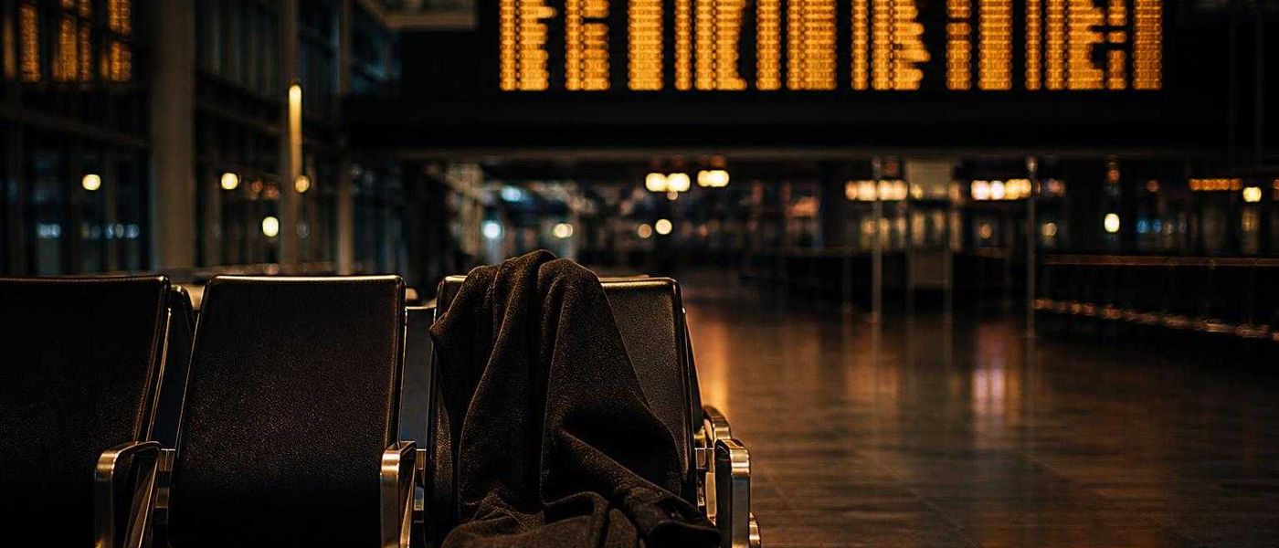 Saguao de aeroporto vazio a noite, com um casaco esquecido numa poltrona e o painel de partidas aceso ao fundo